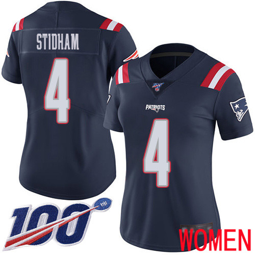 New England Patriots Limited Navy Blue Women #4 Jarrett Stidham NFL Jersey 100th Season->women nfl jersey->Women Jersey